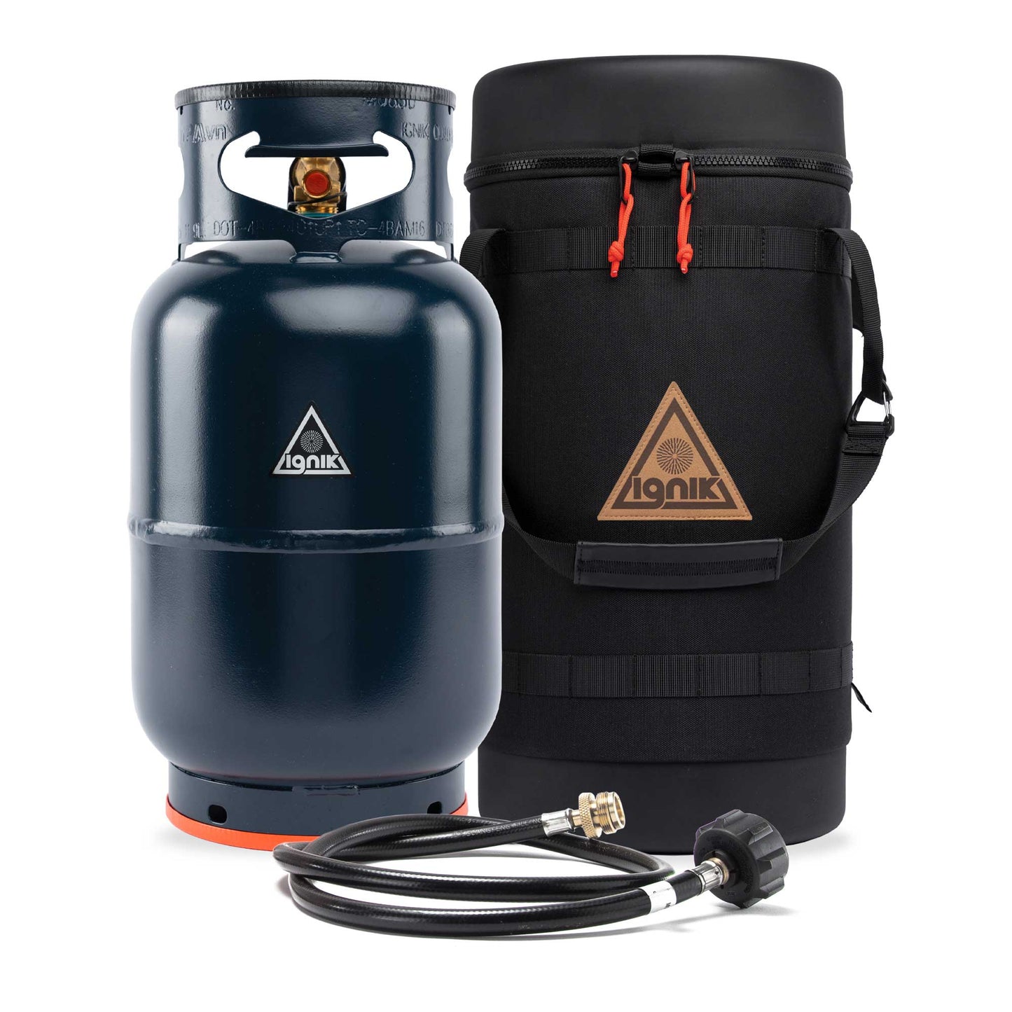 Black gas growler with insulated carry bag, red drawcords, and regulator hose.