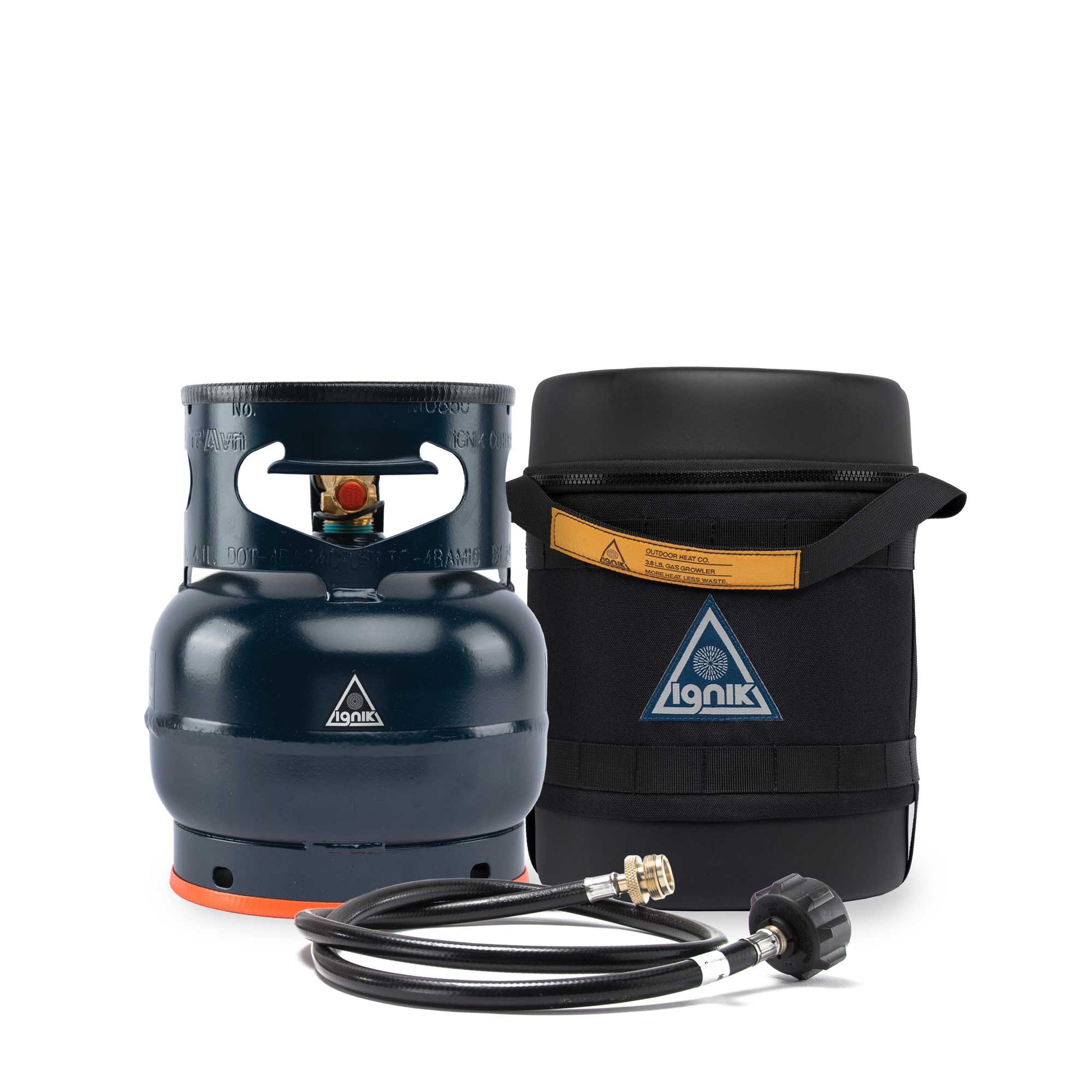 Black gas growler with carry bag and connected hose regulator