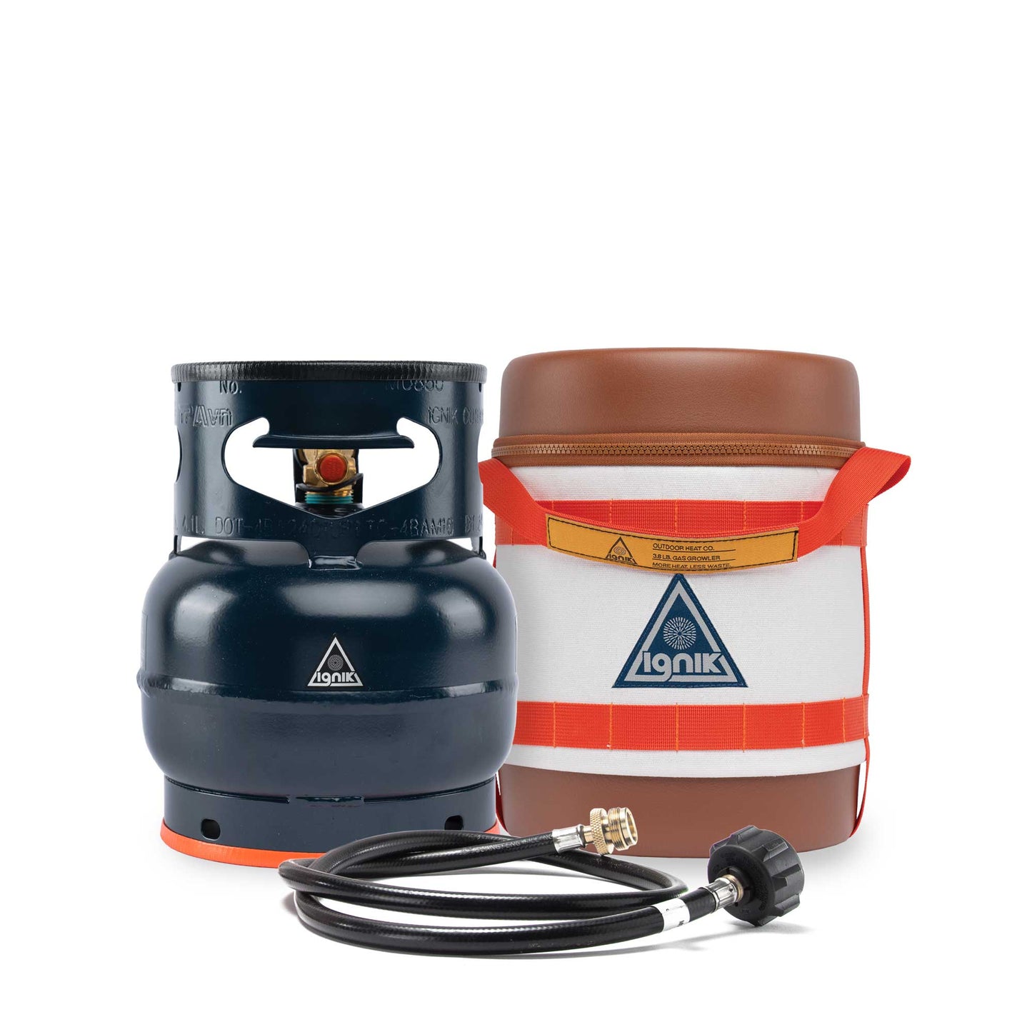 Gas growler with white-and-orange insulated carry bag and connected hose regulator