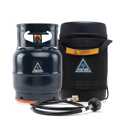 Black gas growler with orange base ring, black carrying bag, and attached regulator hose