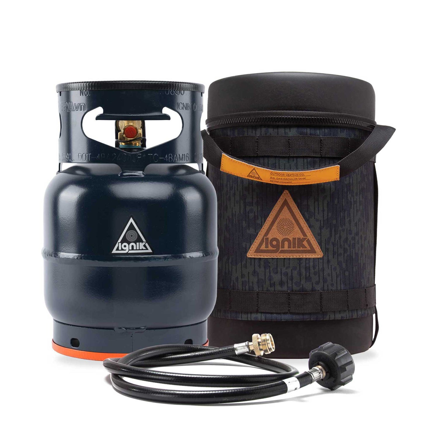Black gas growler with orange base ring and black zip bag with Ignik logo