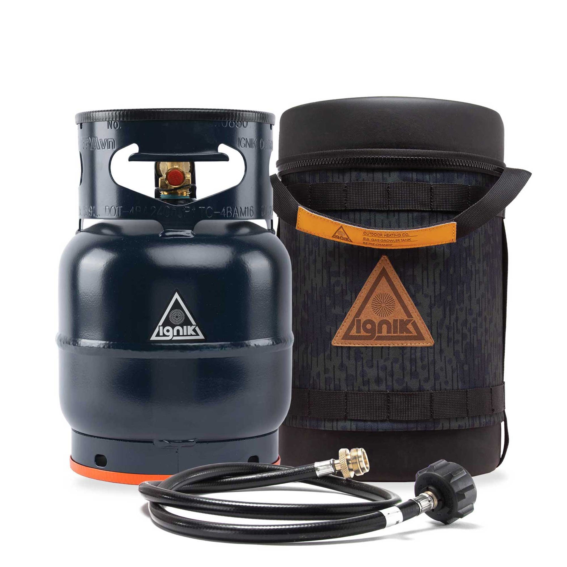 Black gas growler with orange base ring and black zip bag with Ignik logo
