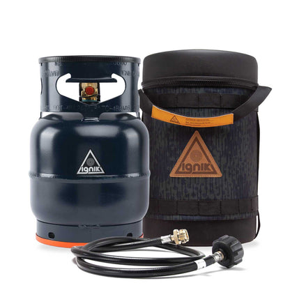Black gas growler with orange base ring and black zip bag with Ignik logo