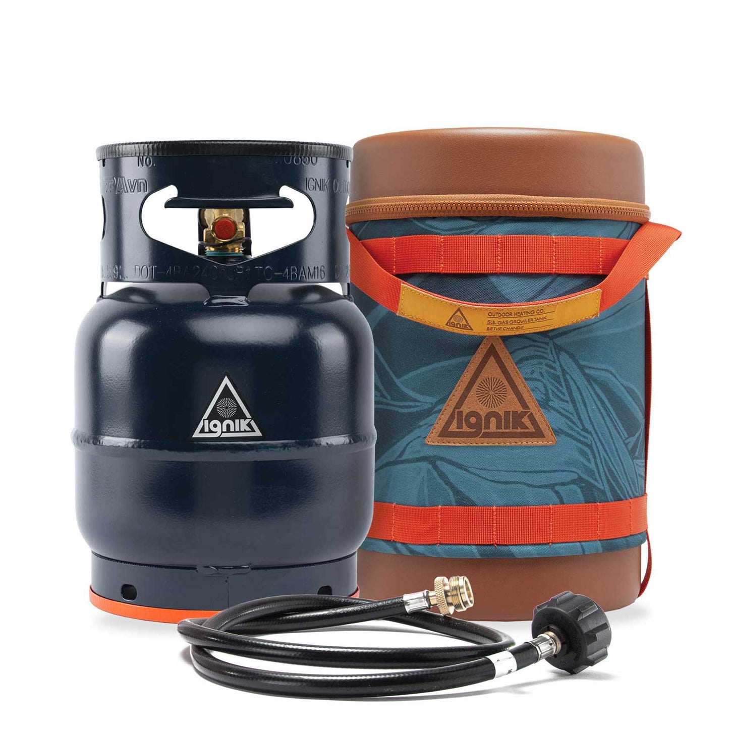 Black gas growler with orange base ring and insulated bag with blue, red, and orange trim