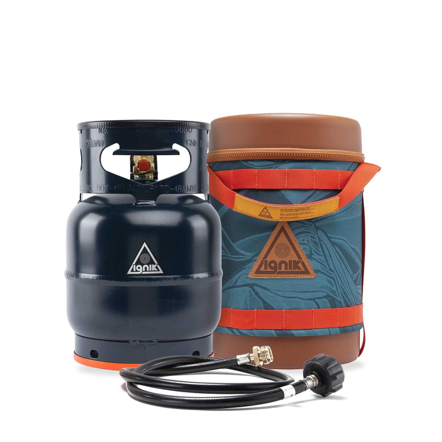 Gas growler with teal insulated case, orange lid, and hose/regulator kit