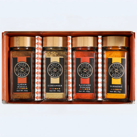 Spice gift set with four jars: garam masala, coriander, kashmiri, turmeric