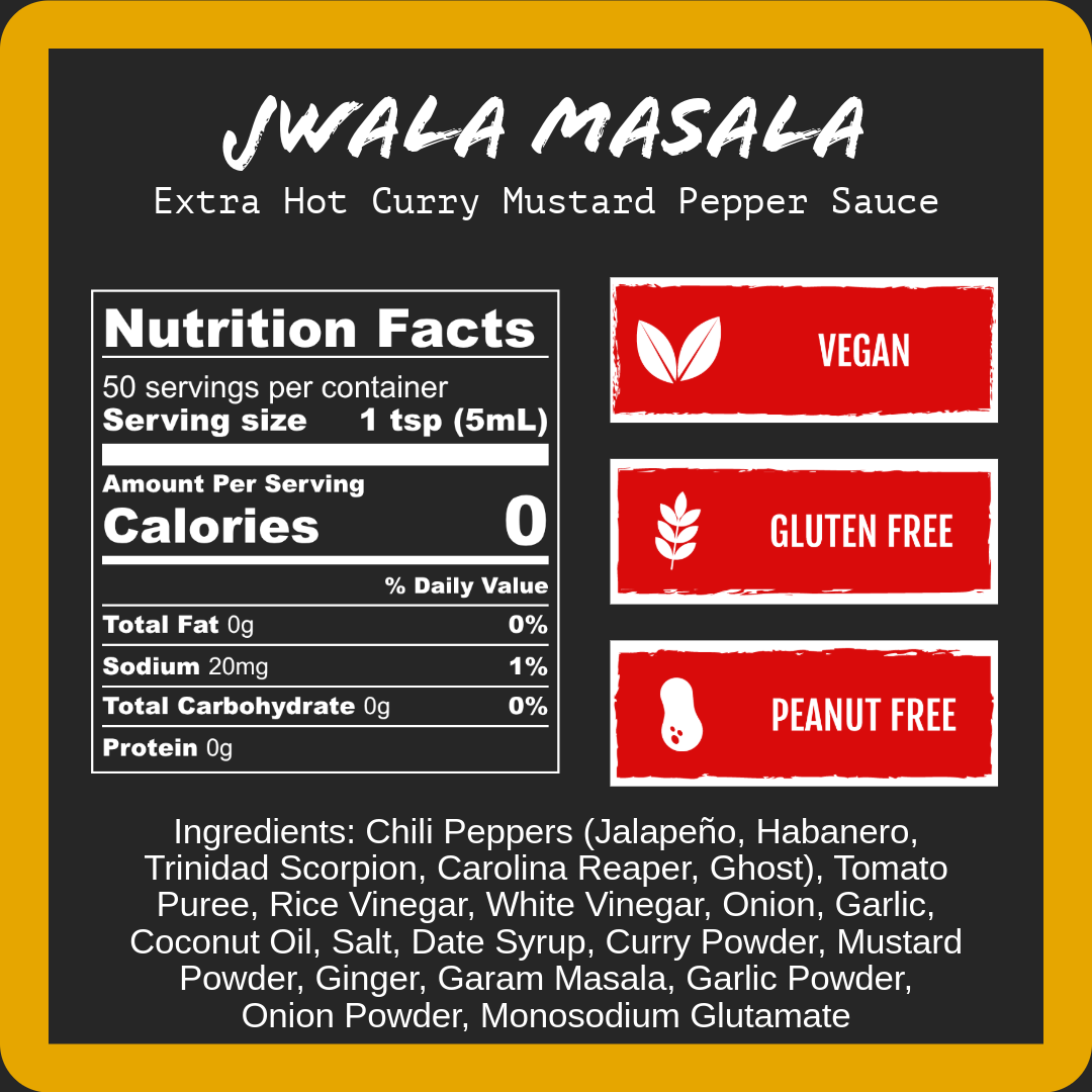Pepper sauce label: jwala masala extra hot curry mustard pepper, nutrition facts