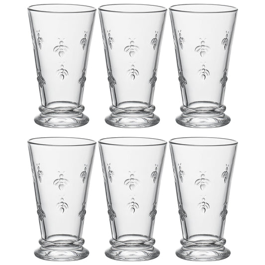Set of six clear highball glasses with embossed bee design and thick foot