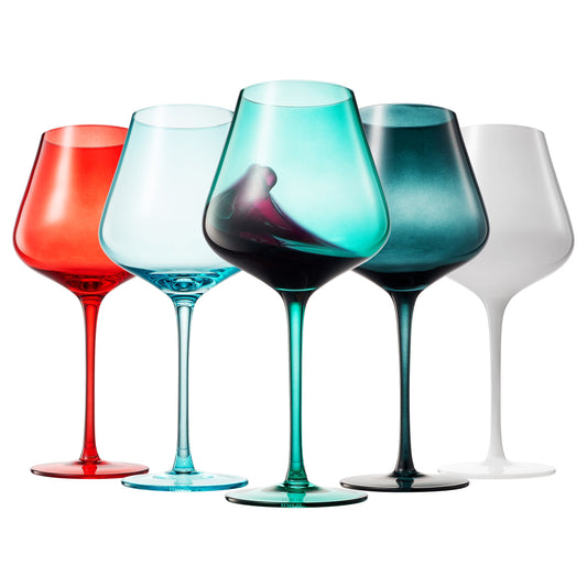 Set of 5 stemmed wine glasses: red, turquoise, teal, dark, and white