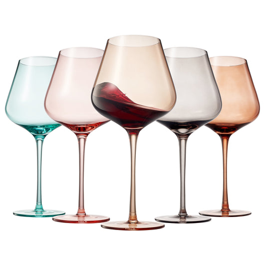 Stemmed wine glass set of 5 with teal, smoky gray, nude, peach, and rose bowls