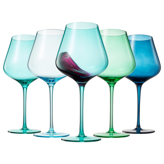 Set of five stemmed wine glasses in mixed aqua, green, and blue tones