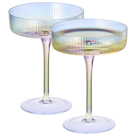 Iridescent ribbed coupe cocktail glasses, set of 2 with purple-tinted stems