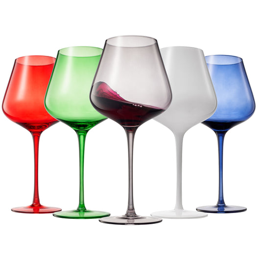 Stemmed wine glass set, red, green, clear, white, blue cups with stems