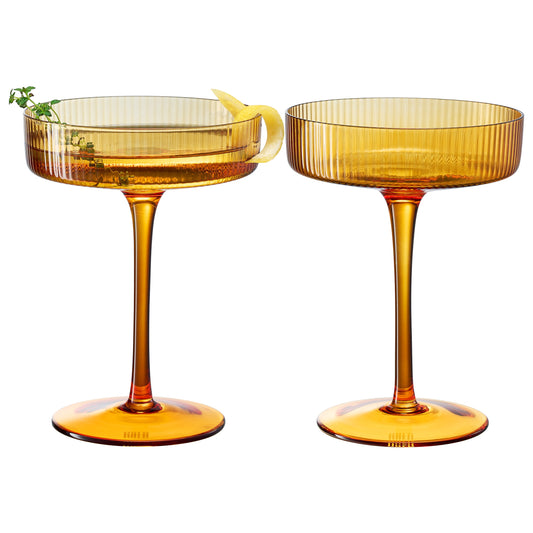 Amber coupe cocktail glasses set of 2, ridged bowl and tall stem, flat foot