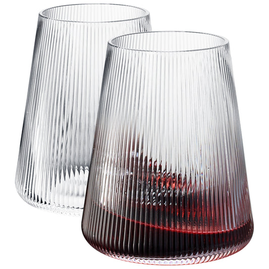 Stemless wine glass set of 2, clear ribbed walls, filled with red wine