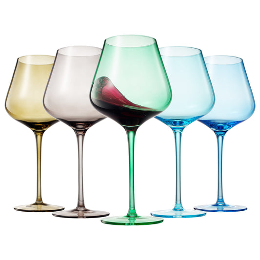Set of 5 stemmed wine glasses in blue, green, clear, gray, and amber