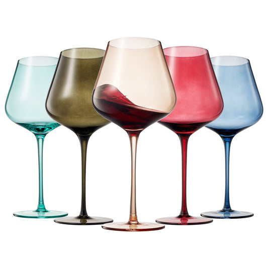 Stemmed wine glass set of 5 with assorted tinted bowls and stems