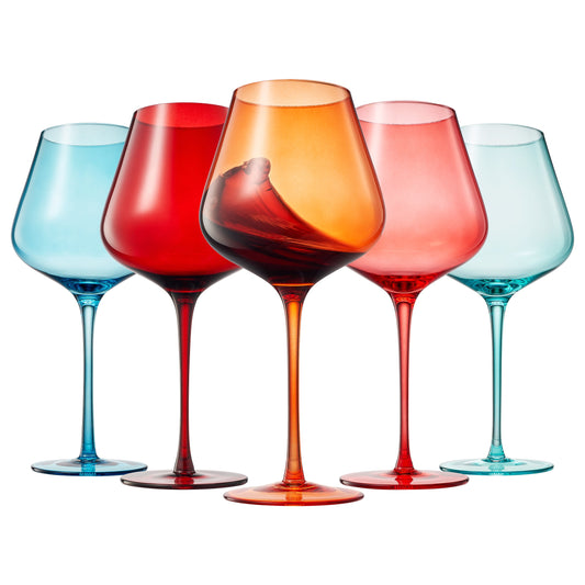 Set of 5 stemmed wine glasses in red, orange, pink, and blue