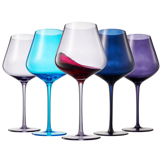 Set of 5 stemmed wine glasses in dark blue, cyan, red, white and purple