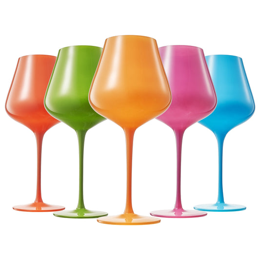 Set of 5 stemmed wine glasses in bright green, orange, pink and blue tones