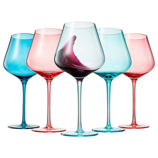 Set of 5 stemmed wine glasses in mixed pink, teal, and blue with clear rims