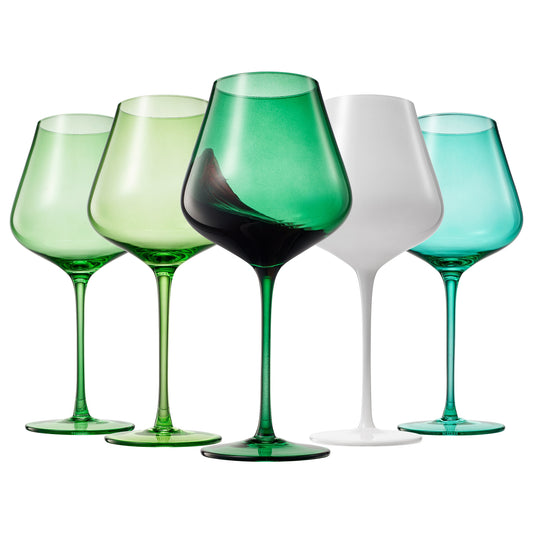 Set of 5 stemmed wine glasses in green tones, five different shades