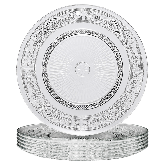 Vintage etched glass dinner plate, ornate border with center rosette