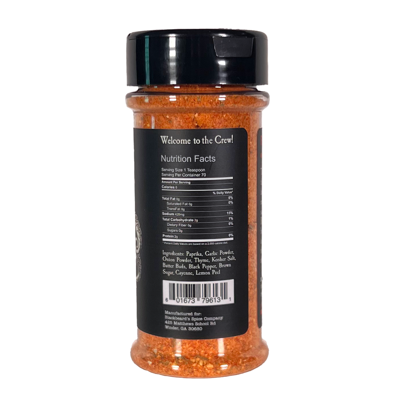 Spice rub bottle back label with nutrition facts and ingredient list