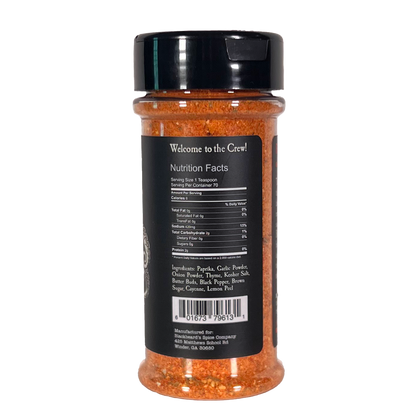 Spice rub bottle back label with nutrition facts and ingredient list