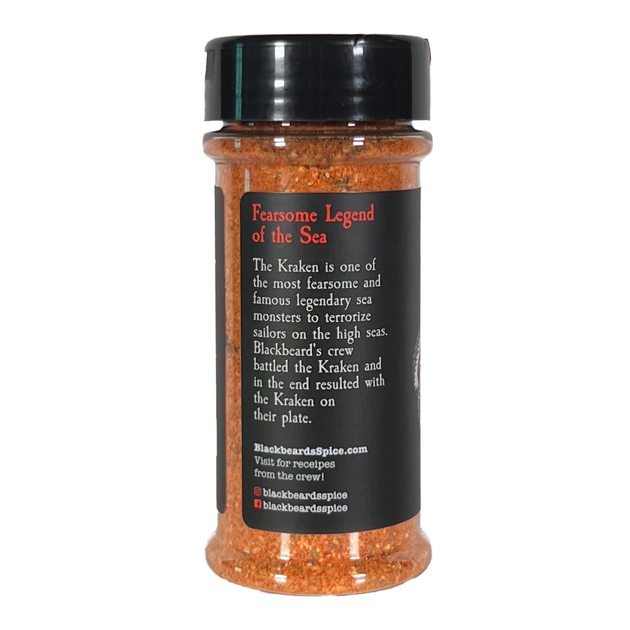 Spice rub bottle with black label and red text story panel