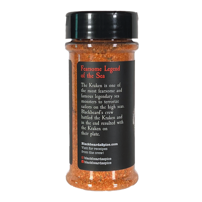 Spice rub bottle with black label and red text story panel