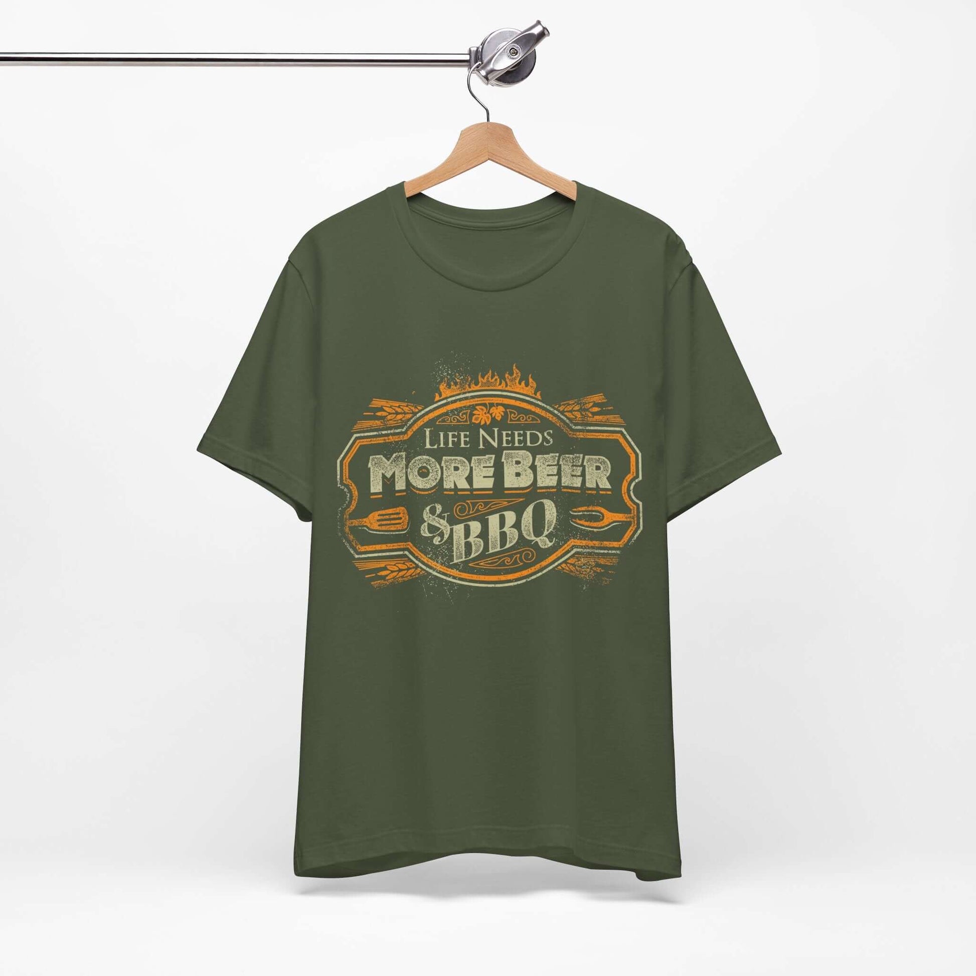 Olive green T-shirt with beer and BBQ emblem graphic