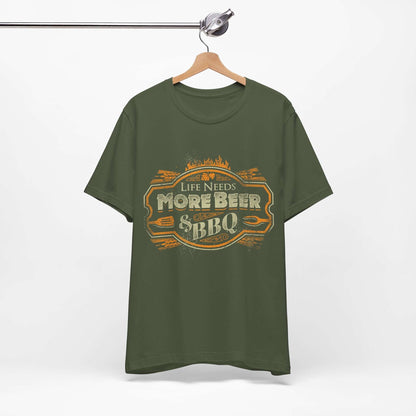 Olive green T-shirt with beer and BBQ emblem graphic