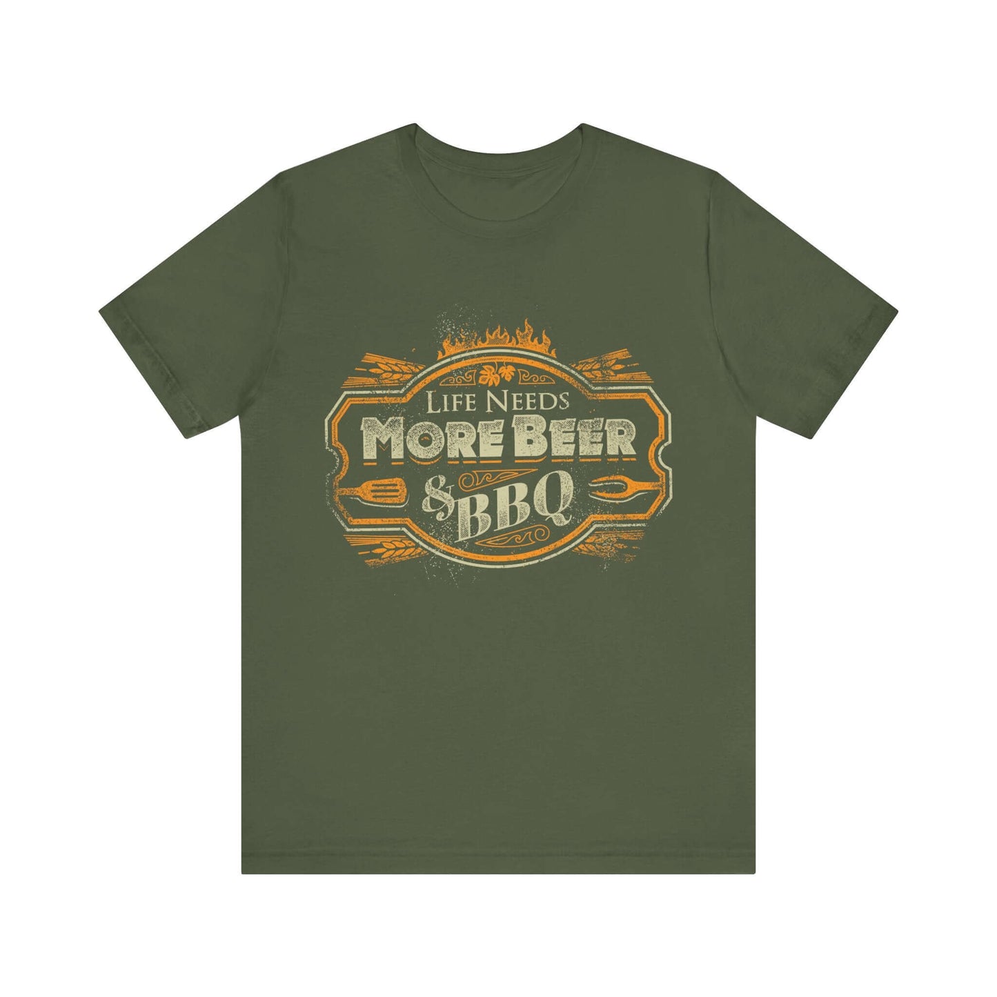 Military green T-shirt with crew neck and “Life Needs More Beer & BBQ” logo graphic