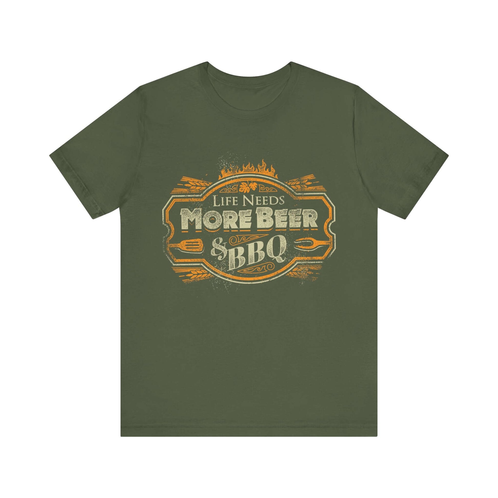 Military green T-shirt with crew neck and “Life Needs More Beer & BBQ” logo graphic