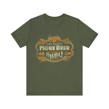 Military green T-shirt with crew neck and “Life Needs More Beer & BBQ” logo graphic