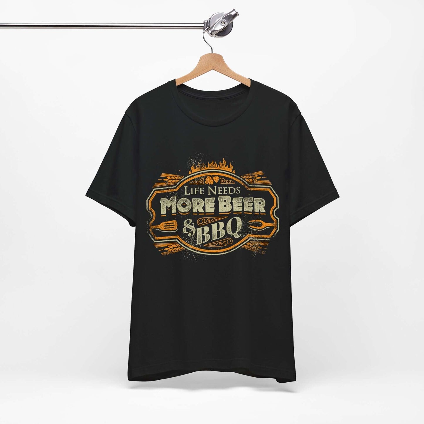 Black T-shirt with crew neck and “Life Needs More Beer & BBQ” graphic on chest