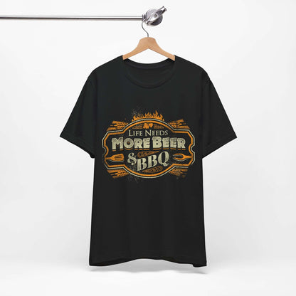 Black T-shirt with crew neck and “Life Needs More Beer & BBQ” graphic on chest