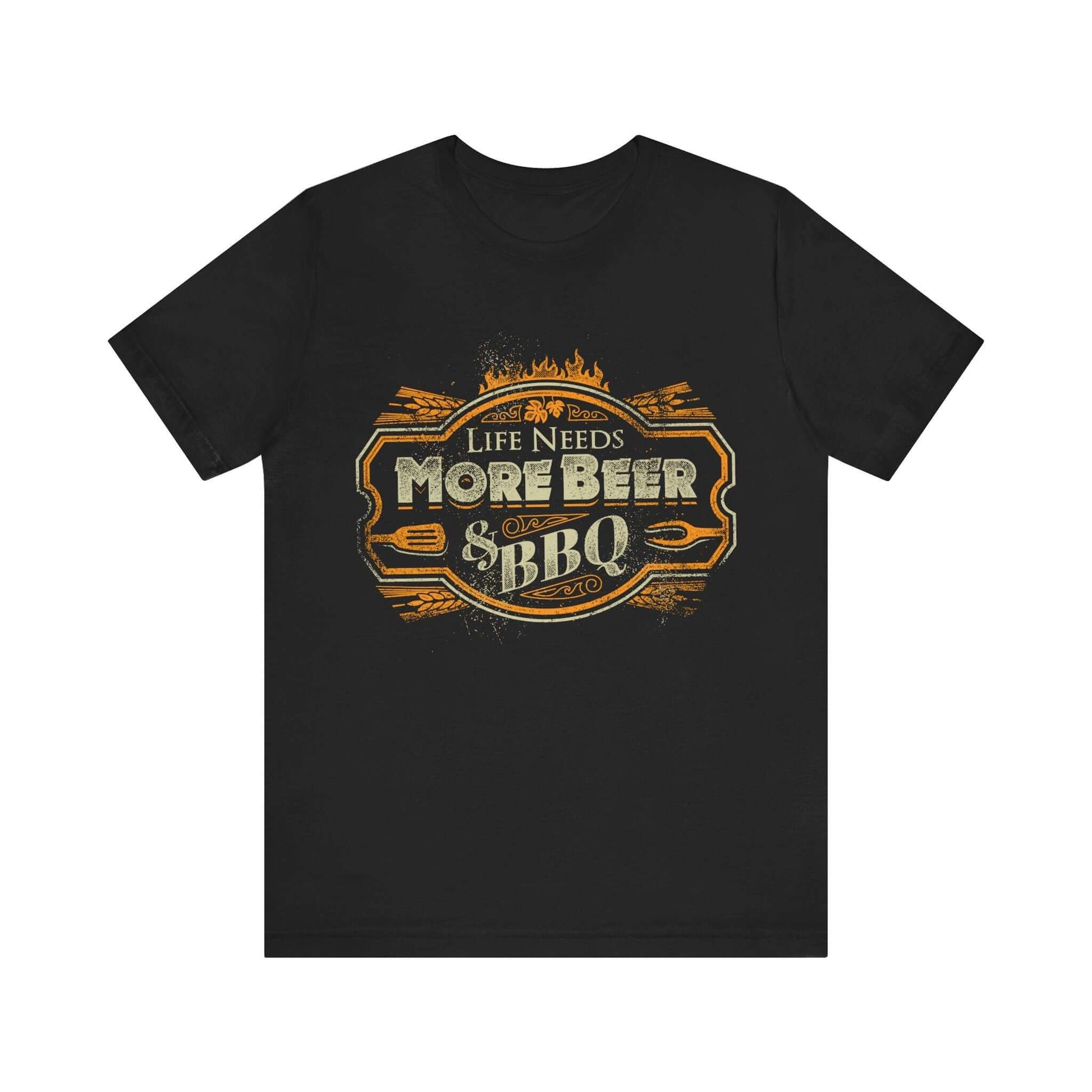 Black crew-neck T-shirt with front “Life Needs More Beer” BBQ logo graphic