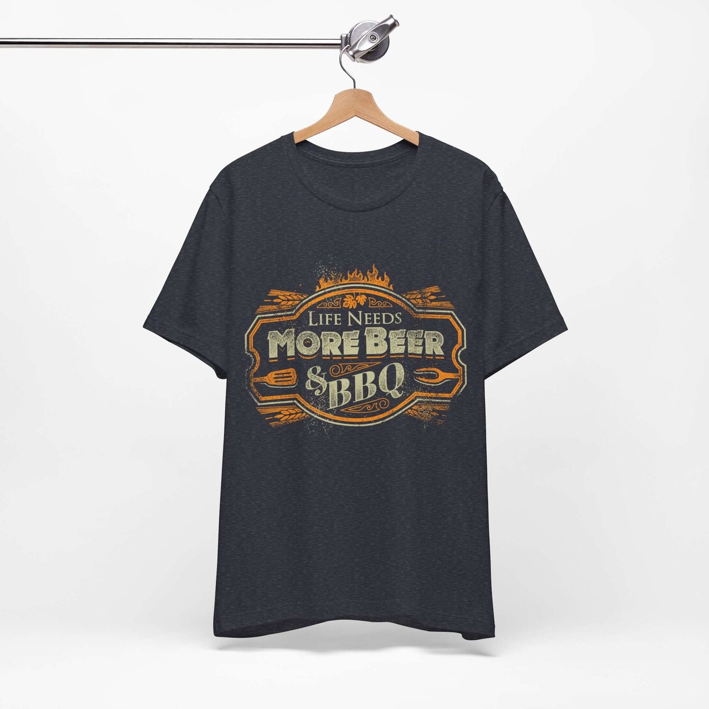 Dark heather T-shirt on hanger with front “Life Needs More Beer” BBQ logo graphic