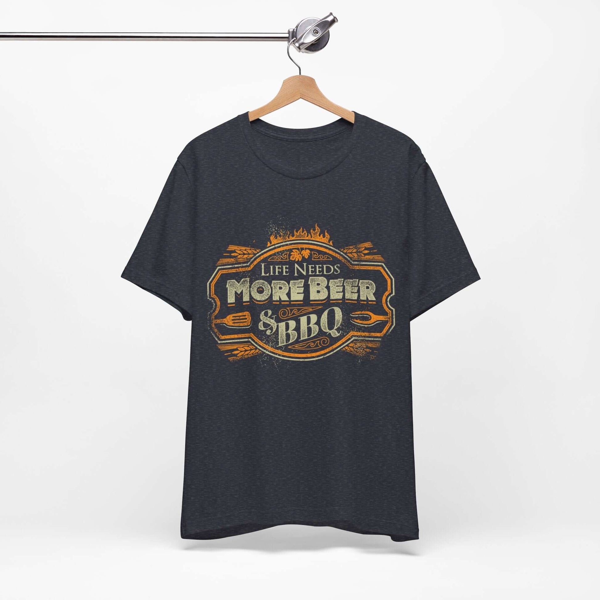 Dark heather T-shirt on hanger with front “Life Needs More Beer” BBQ logo graphic