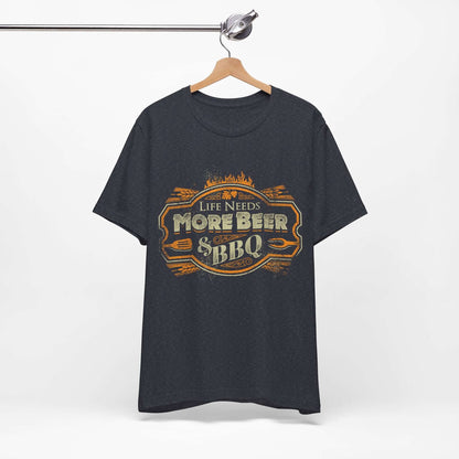 Dark heather T-shirt on hanger with front “Life Needs More Beer” BBQ logo graphic