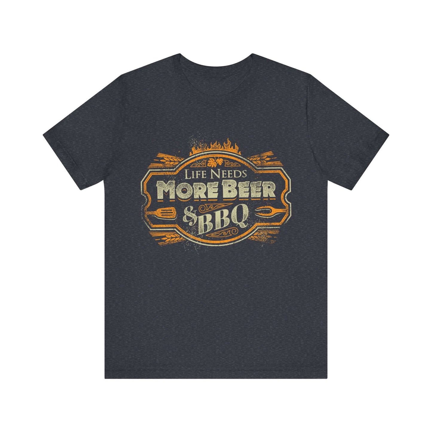 Dark heather crew-neck T-shirt with front “Life Needs More Beer” BBQ logo graphic