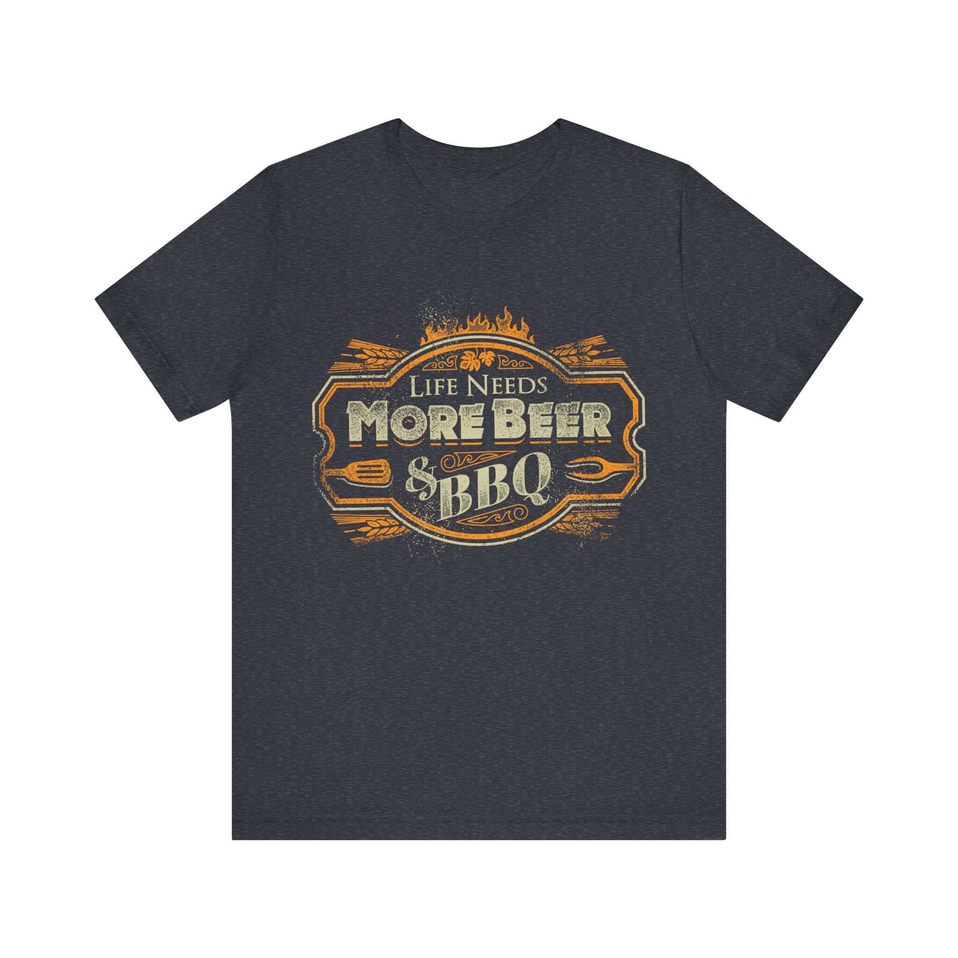 Dark heather crew-neck T-shirt with front “Life Needs More Beer” BBQ logo graphic