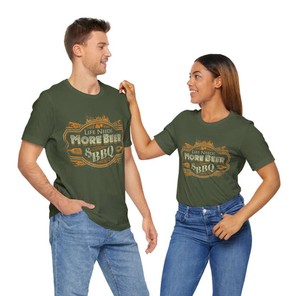 Military green T-shirt with crew neck and orange “Life Needs More Beer” BBQ graphic