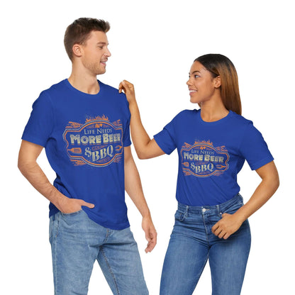 True royal blue T-shirt with crew neck and orange “Life Needs More Beer” BBQ graphic