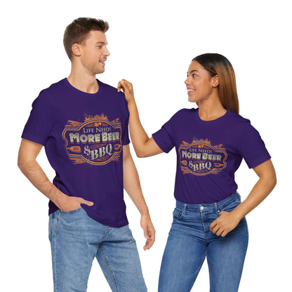 Team purple T-shirt with crew neck and orange “Life Needs More Beer” BBQ graphic