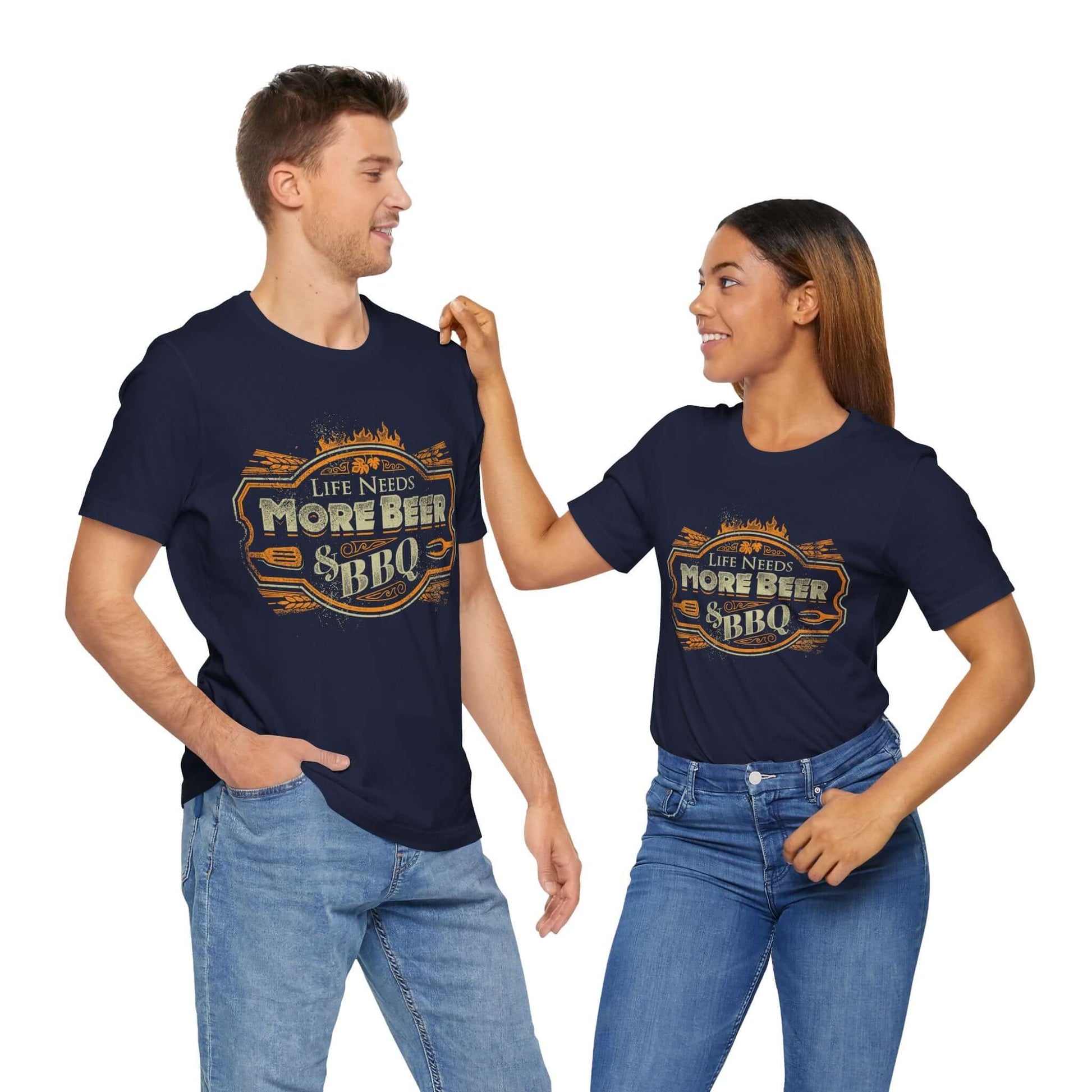 Navy T-shirt with crew neck and orange “Life Needs More Beer” BBQ graphic