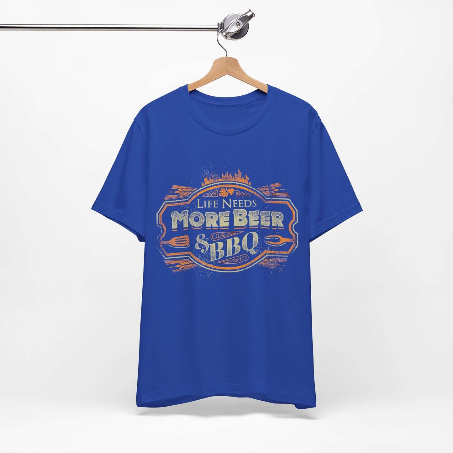 Royal blue T-shirt with crew neck and “Life Needs More Beer & BBQ” graphic on chest