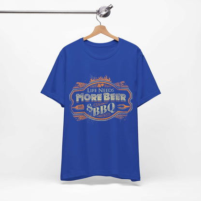 Royal blue T-shirt with crew neck and “Life Needs More Beer & BBQ” graphic on chest